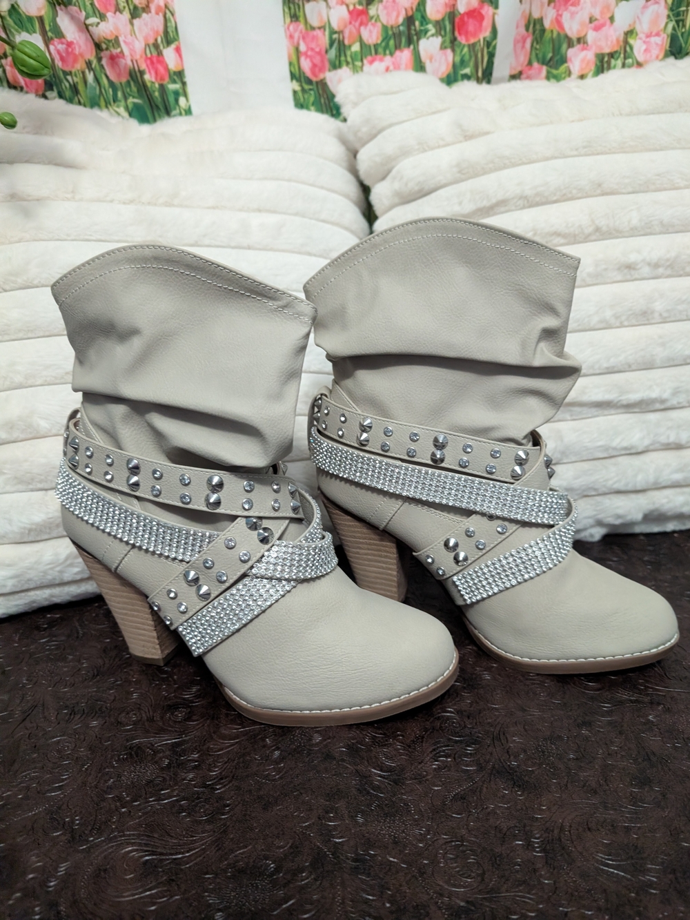 Not Rated Light Gray Slouchy Studded Heeled Ankle Boots